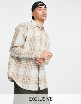 推荐New Look long sleeve oversized check shirt in stone商品