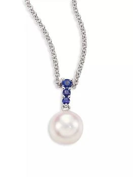 推荐Morning Dew 8MM White Cultured Akoya Pearl, Sapphire & 18K White Gold Pendant Necklace商品