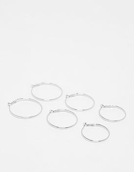 商品DesignB London 3 pack of hoop earrings in silver图片