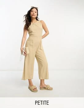 推荐Vero Moda Petite linen touch tie back jumpsuit with pleat front wide leg in beige商品