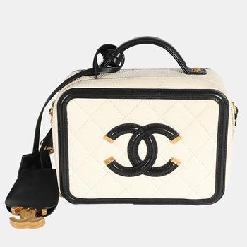 香奈儿122单肩包, [二手商品] Chanel | Chanel White Quilted Caviar Leather Small Filigree Vanity Case Shoulder Bag商品图片 9.3折