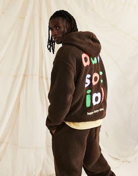 ASOS | ASOS Daysocial co-ord oversized hoodie in teddy borg with large back logo embroidery in brown商品图片,