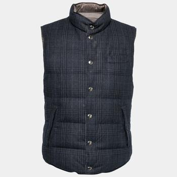推荐Loro Piana Blue Checkered Wool Sleeveless Puffer Jacket L商品