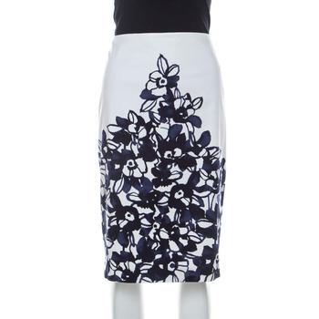 推荐St. John White and Navy Blue Floral Printed Stretch Cotton Pencil Skirt L商品