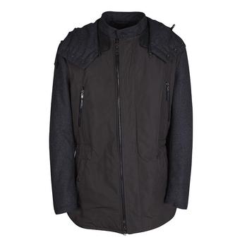 推荐Lanvin Charcoal and Olive Leather Trim Zip Front Hooded Wool Jacket L商品