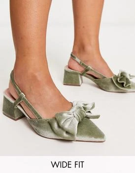 ASOS | ASOS DESIGN Wide Fit Saidi bow slingback mid heeled shoes in sage velvet 独家减免邮费