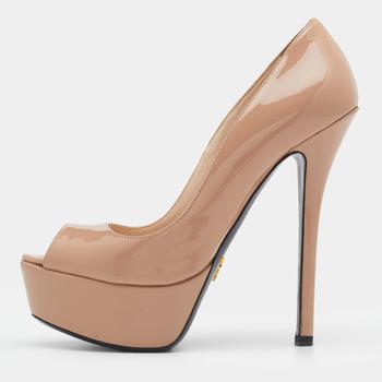 Prada | Prada Beige Patent Leather Peep Toe Platform Pumps Size 37.5商品图片,