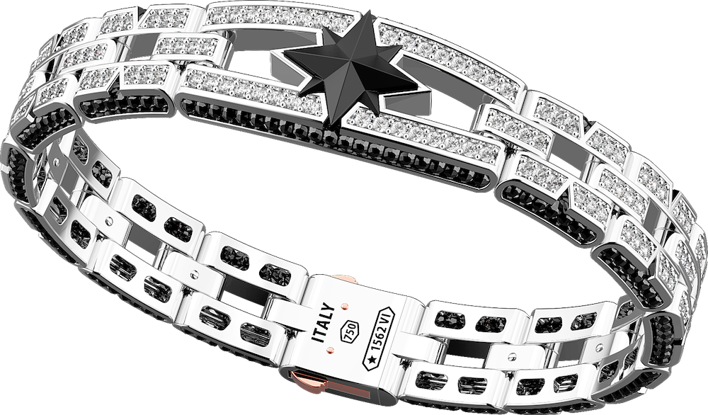 商品18k  white gold bracelet with ceramic compass rose on top and studded with black and white diamonds.图片