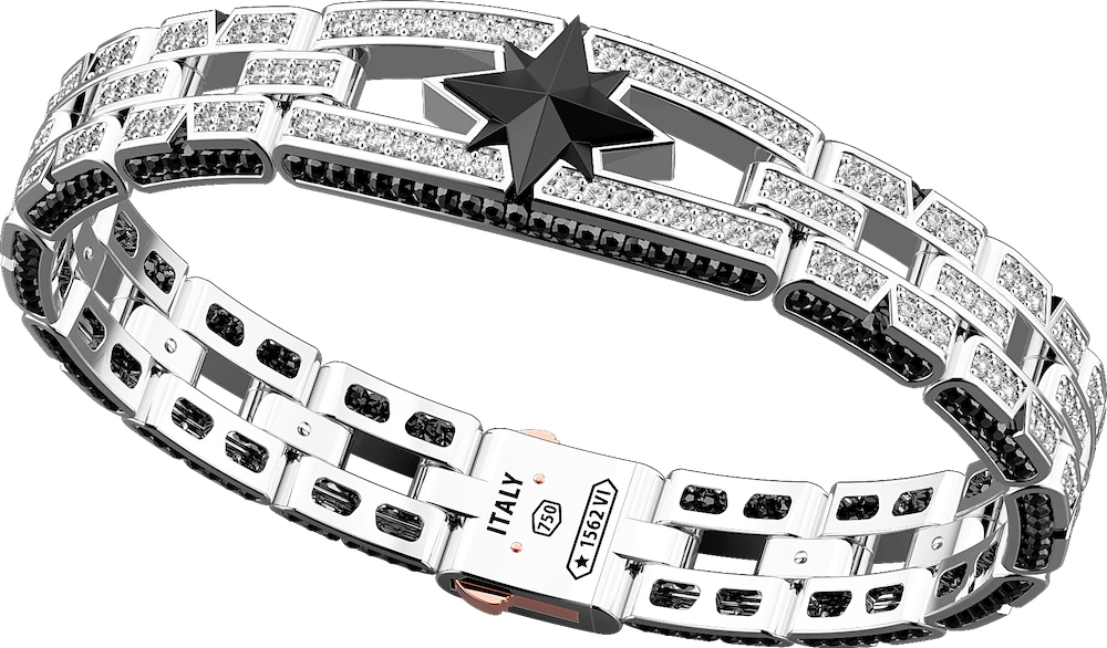 推荐18k  white gold bracelet with ceramic compass rose on top and studded with black and white diamonds.商品