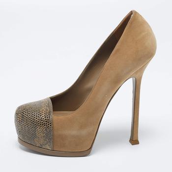 ysl高跟鞋价格, [二手商品] Yves Saint Laurent | Saint Laurent Brown/Yellow Suede And Lizard Embossed Tribtoo  Pumps Size 38商品图片 8折