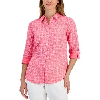 Charter Club | Women's 100% Linen Geo-Print Roll-Tab Shirt, Created for Macy's 4.9折