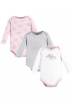 Hudson | Hudson Baby Infant Girl Cotton Long-Sleeve Bodysuits, Pink Gray Elephant 3-Pack商品图片,