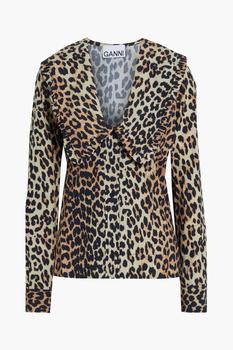 Ganni | Ruffle-trimmed leopard-print organic cotton-poplin blouse商品图片,3折