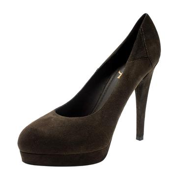 ysl高跟鞋价格, [二手商品] Yves Saint Laurent | Saint Laurent Paris Olive Green Suede Platform Pumps 38商品图片 4.5折
