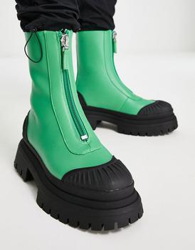 推荐ASOS DESIGN chelsea boot with zip front in green faux leather and black sole商品