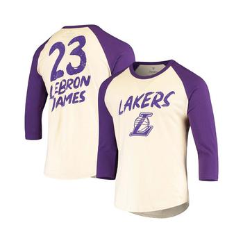 lakers评价, Fanatics | Men's LeBron James Cream and Purple Los Angeles Lakers Raglan 3/4 Sleeve T-shirt商品图片 