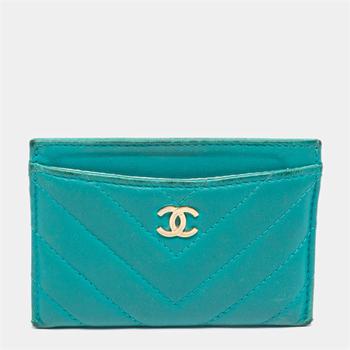 chanel包, [二手商品] Chanel | Chanel Teal Chevron Leather CC Card Holder商品图片 9.8折, 满1件减$100, 满减