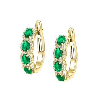 商品Sterling Silver  Gold Plated With Emerald & Diamond Cubic Zirconia Oblong Hoop Leverback Earrings.图片