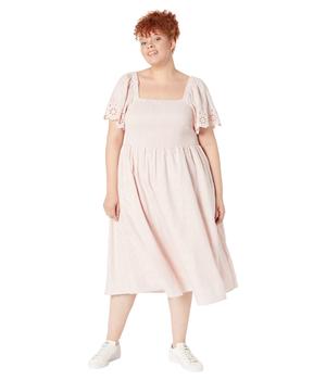 Madewell | Plus Linen-Blend Eyelet-Sleeve Lucie Smocked Midi Dress商品图片,5.1折