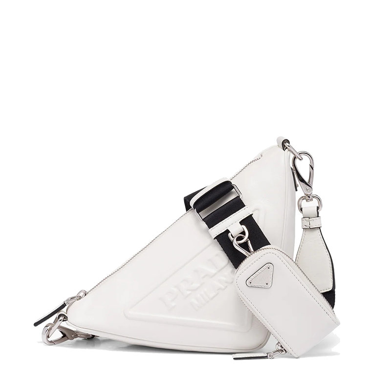 Prada | 【预售3-7天】PRADA/普拉达 21年秋冬 女士白色皮革拉链开合附可拆卸可调徽标印花织物肩带皮革拉链小袋三角形手袋斜跨单肩包1BH190_2BYA_F0009_V_BRO商品图片,8折, 包邮包税