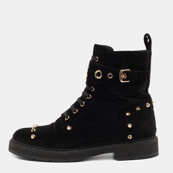 推荐Fendi Black Studded Velvet F Logo Ankle Boots Size 37商品