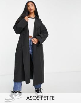 商品ASOS | ASOS DESIGN Petite trench coat with faux leather hood in black,商家ASOS,价格¥644图片