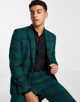推荐ASOS DESIGN skinny wool mix suit jacket in dark green and navy large dogtooth check商品