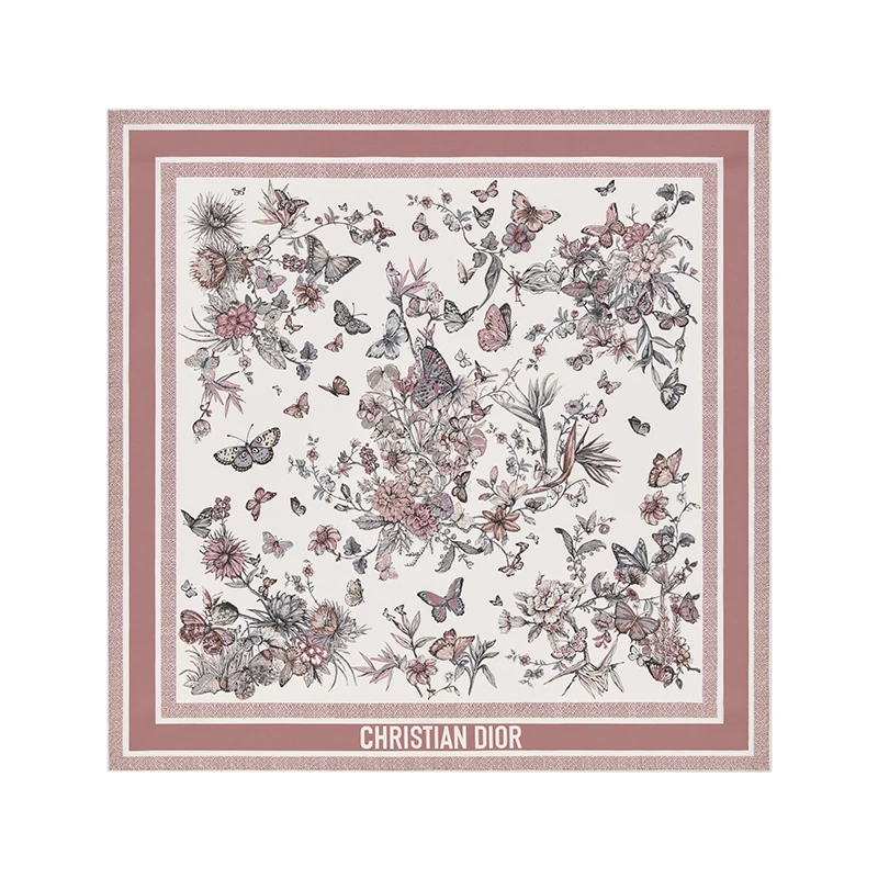 Dior | 迪奥23新款 女士粉色真丝粉色花卉和蝴蝶图案丝巾,商家VP FRANCE,价格¥3836