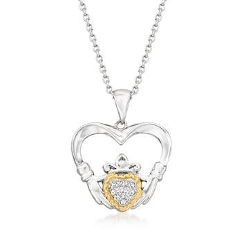商品Ross-Simons Diamond-Accented Claddagh Heart Pendant Necklace in Sterling Silver and 14kt Yellow Gold图片