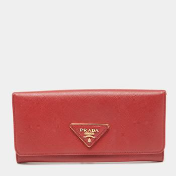 推荐Prada Red Saffiano Metal Leather Logo Flap Continental Wallet商品