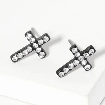 FASHNZFAB | Crystal Cross Stud Earrings - Black, Clear,商家Premium Outlets,价格¥142