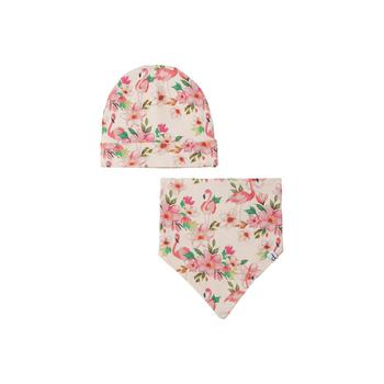 商品Baby Girl Organic Cotton Printed Hat & Bib Set Beige Flamingos - Infant图片