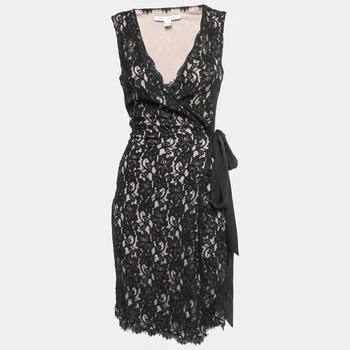 推荐Diane Von Furstenberg Black Floral Lace Sleeveless Wrap Short Dress M商品