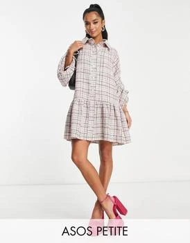ASOS | ASOS DESIGN Petite boucle mini smock shirt dress with pephem in cream and pink 4.5折, 独家减免邮费
