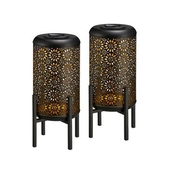 Glitzhome | 14.25" H Set of 2 Black and Gold-Tone Metal Cutout Flower Pattern Solar Powered LED Outdoor Lantern with Stand,商家Macy's,价格¥599