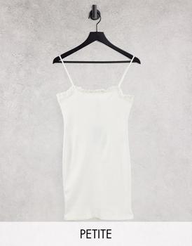推荐Pieces Petite cotton strappy bodycon dress with frill neckline in white - WHITE商品