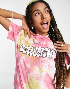 COLLUSION tie dye branded print boxy t-shirt in multi product img