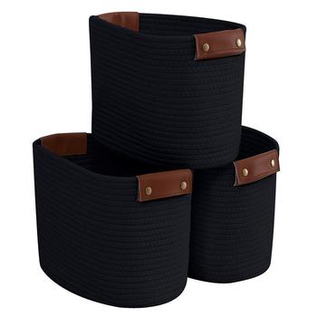商品3 Pack Woven Cotton Rope Shelf Storage Basket with Leather Handles图片