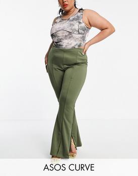 asos包, ASOS | ASOS DESIGN Curve kick flare with split hem in khaki商品图片 5.5折