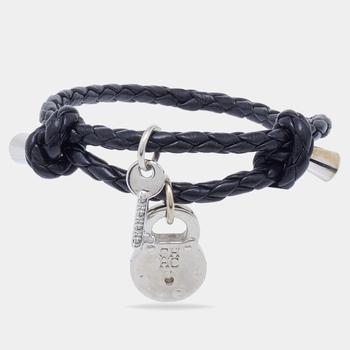 推荐Carolina Herrera CH Silver Tone Lock & Key Braided Black Leather Bracelet商品