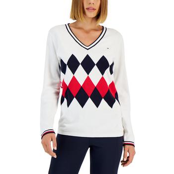 Tommy Hilfiger | Women's Cotton Argyle V-Neck Sweater商品图片,7.4折×额外7折, 额外七折