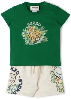 Kenzo | Baby Green & Beige T-Shirt & Shorts Set商品图片,8.1折