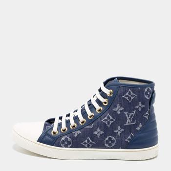 lv鞋真假, [二手商品] Louis Vuitton | Louis Vuitton Navy Blue/White Monogram Canvas, Leather and Rubber Cap-Toe Punchy High-Top Sneakers Size 37.5商品图片 满$800减$80, 满减