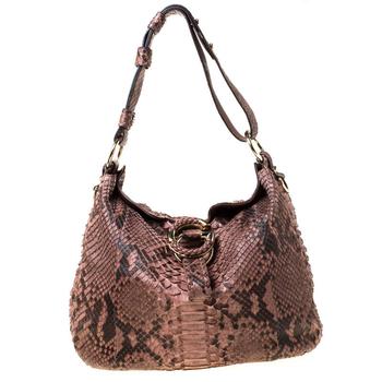 推荐Gucci Brown Python Leather Medium G Wave Hobo商品