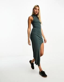 Bershka | Bershka high neck ribbed maxi dress in petrol blue 