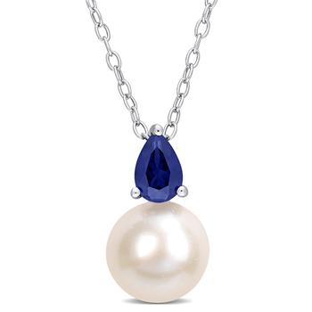 推荐8.5-9 MM White Freshwater Cultured Pearl and 5/8 CT TGW Created Blue Sapphire Solitaire Pendant with Chain in Sterling Silver商品