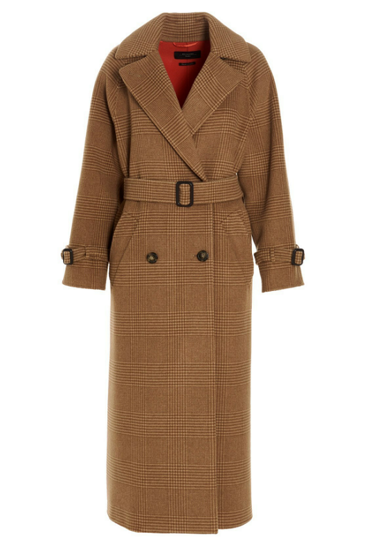 MAX MARA 女士棕色格纹长款大衣 50160313-600-002,价格$488.75