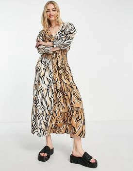 River Island | River Island animal print shirred midi dress in light brown 5.1折