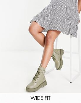 ASOS | ASOS DESIGN Wide Fit Alix chunky lace up ankle boots in khaki商品图片,
