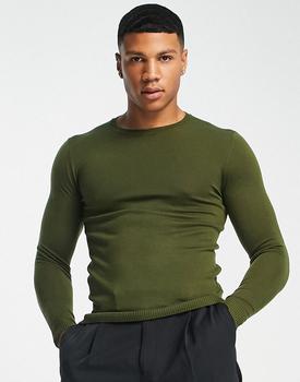 ASOS | ASOS DESIGN muscle fit premium merino wool jumper in khaki商品图片,8.1折
